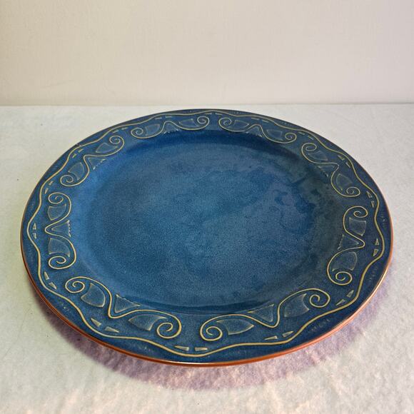 Pier 1 Large Tunisia Chop Plate Stoneware Blue Glaze & Scroll Rim Embossed 13" - Picture 1 of 7